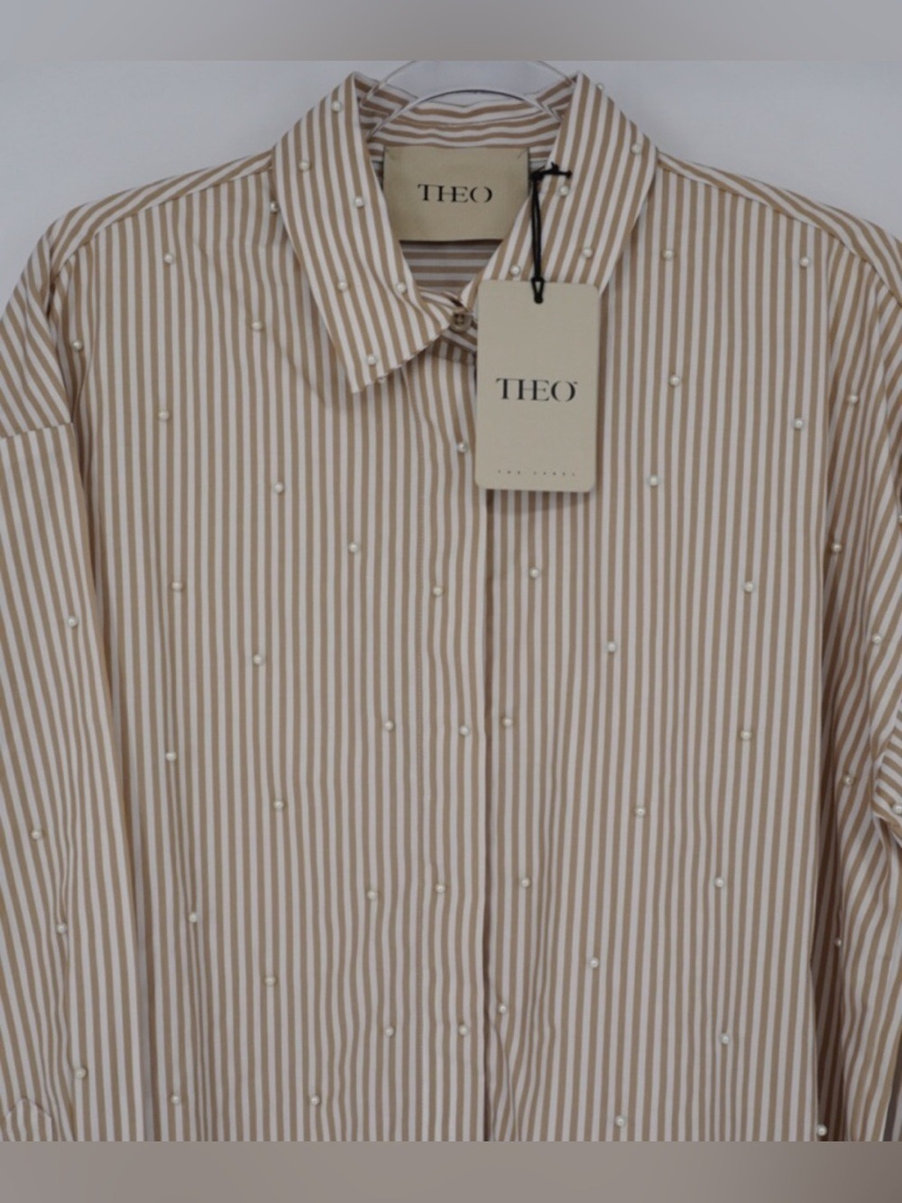 THEO The Label Echo Pearly Shirt. Color is Sand Pearl NWT